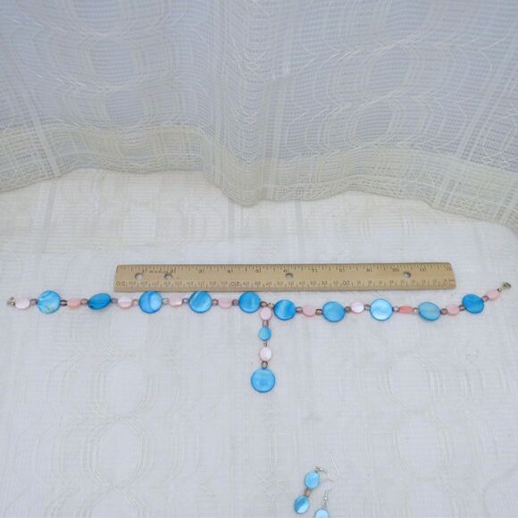 Handmade Blue and Pink Shell Jewelry Set, Y Necklace and Earrings Set For Women - Picture 8 of 10